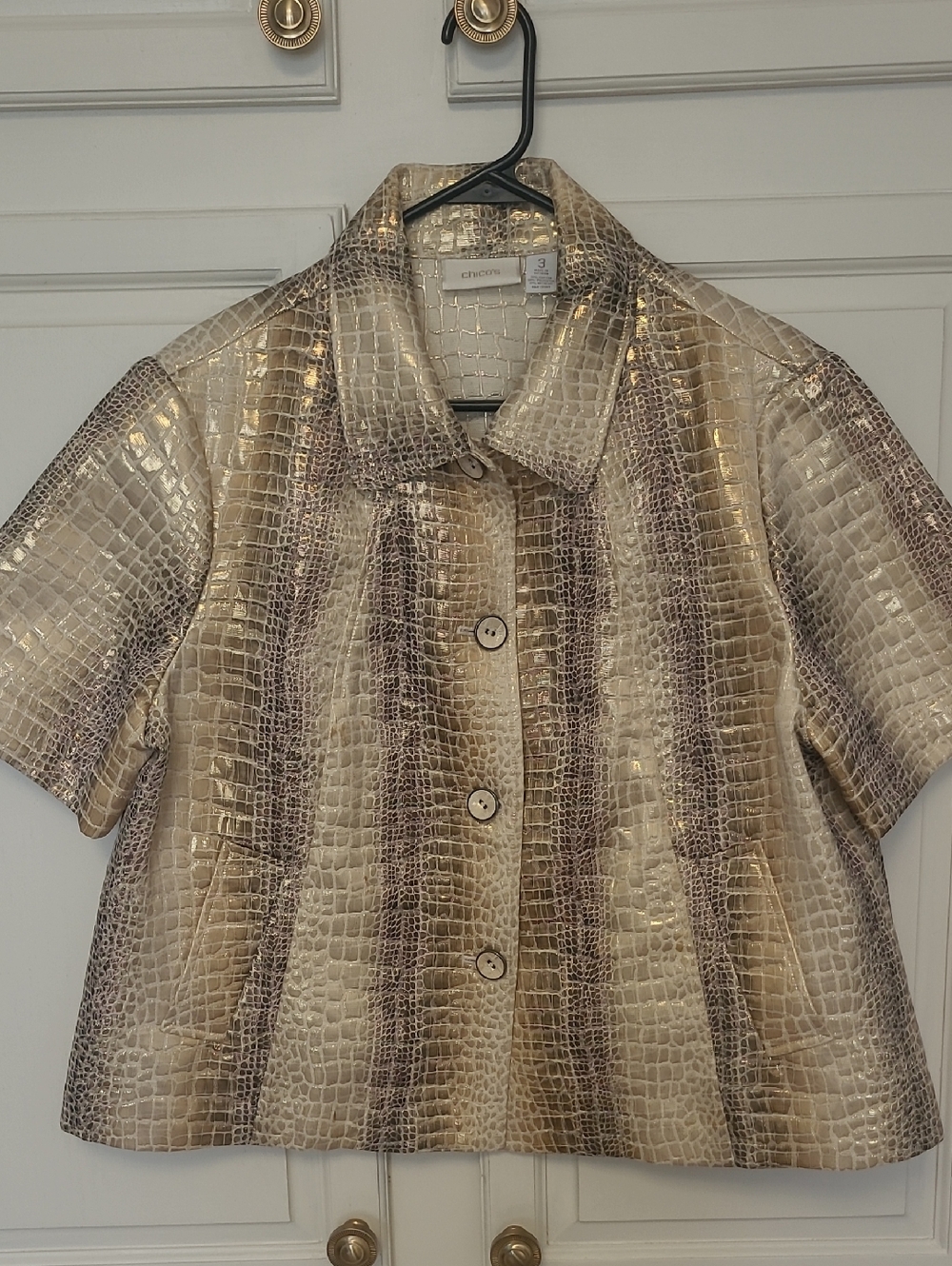 Chico's Metallic Croc-Embossed Short Sleeve Jacket - Gold/Tan